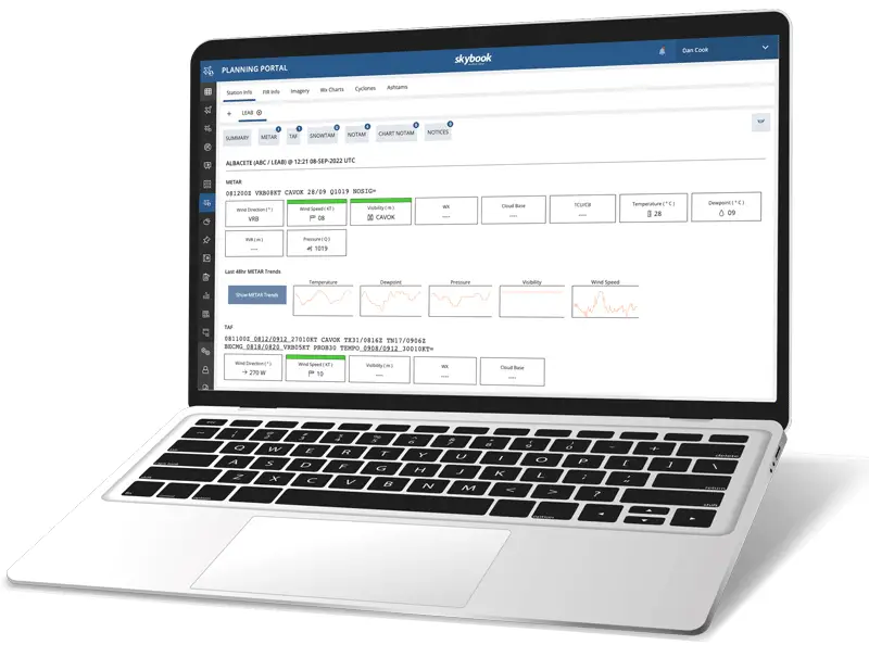 The skybook Planning Portal provides global insight for flight operations and dispatch, ground crews, airports and aircrew