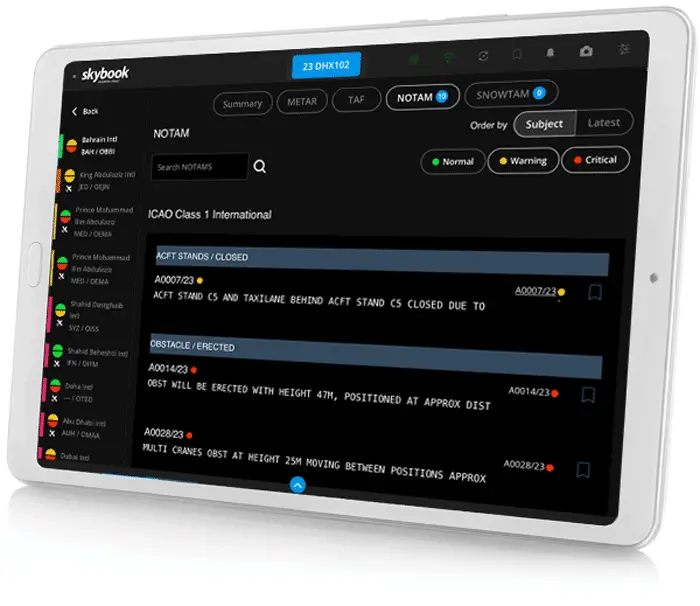 filtered NOTAM data on electronic flight bag - efb