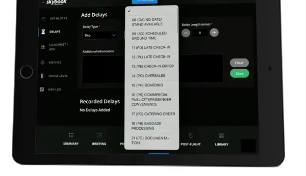 delay codes on electronic flight bag