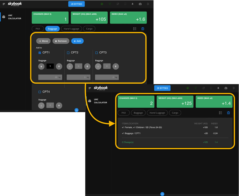 baggage weight lmc calculator on EFB