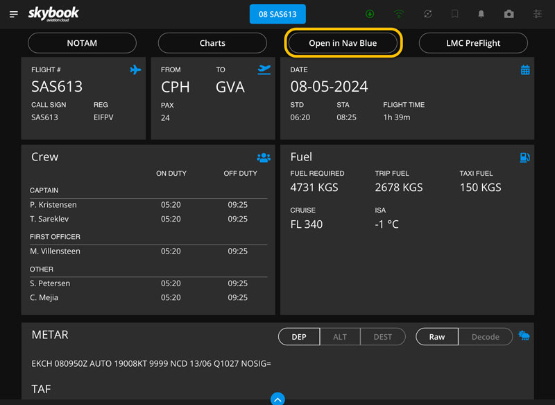 navblue charts+ integration on skybook EFB