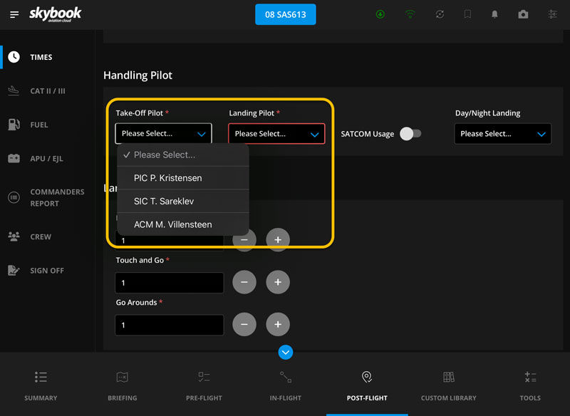 take-off and landing pilot information on efb app