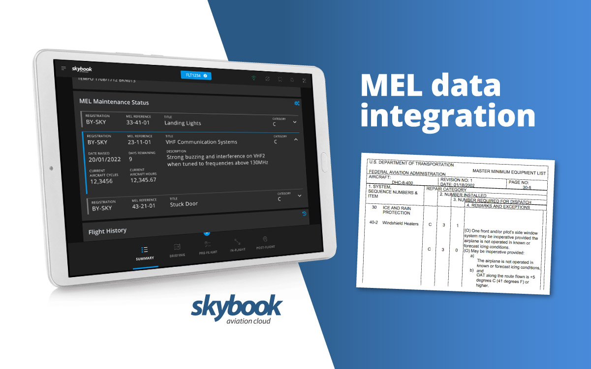 MEL minimum equipment list integrations on an electronic flight bag in aviation