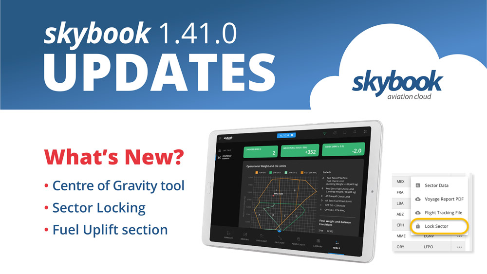 skybook 1.41.0 release including centre of gravity tool, flight sector locking and fuel uplift on efb