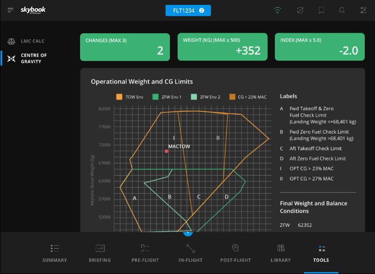 aircraft centre of gravity on the efb app