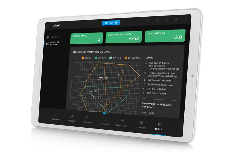 center of gravity calculator tool on skybook efb