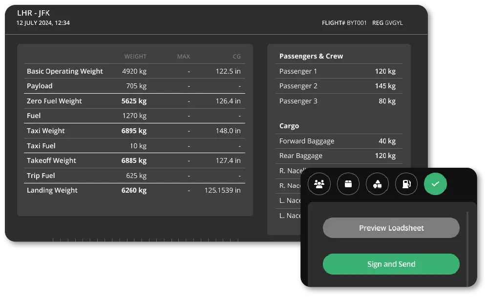 weight and balance efb loadsheet and sign off