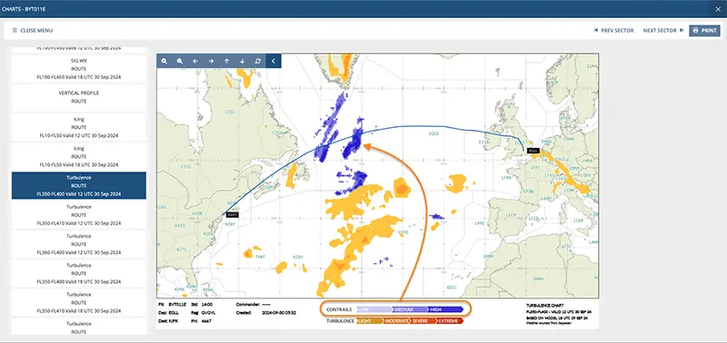 predicted contrail data on turbulence chart