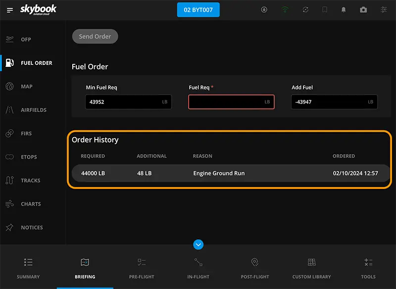 efb fuel order history