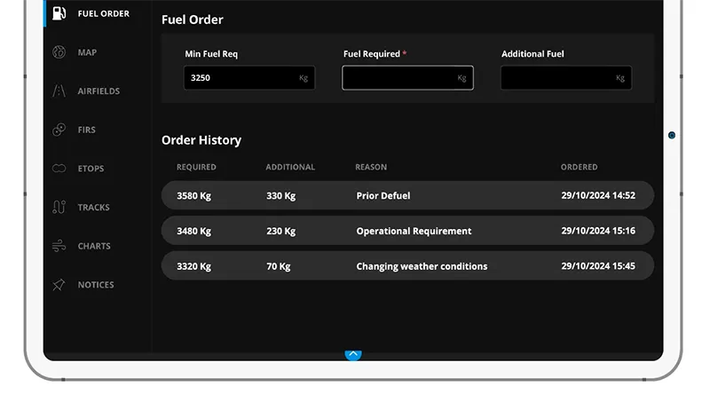 fuel order history on efb device