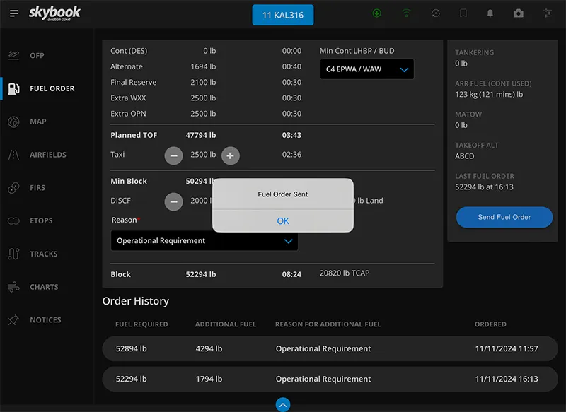 fuel order sent notification