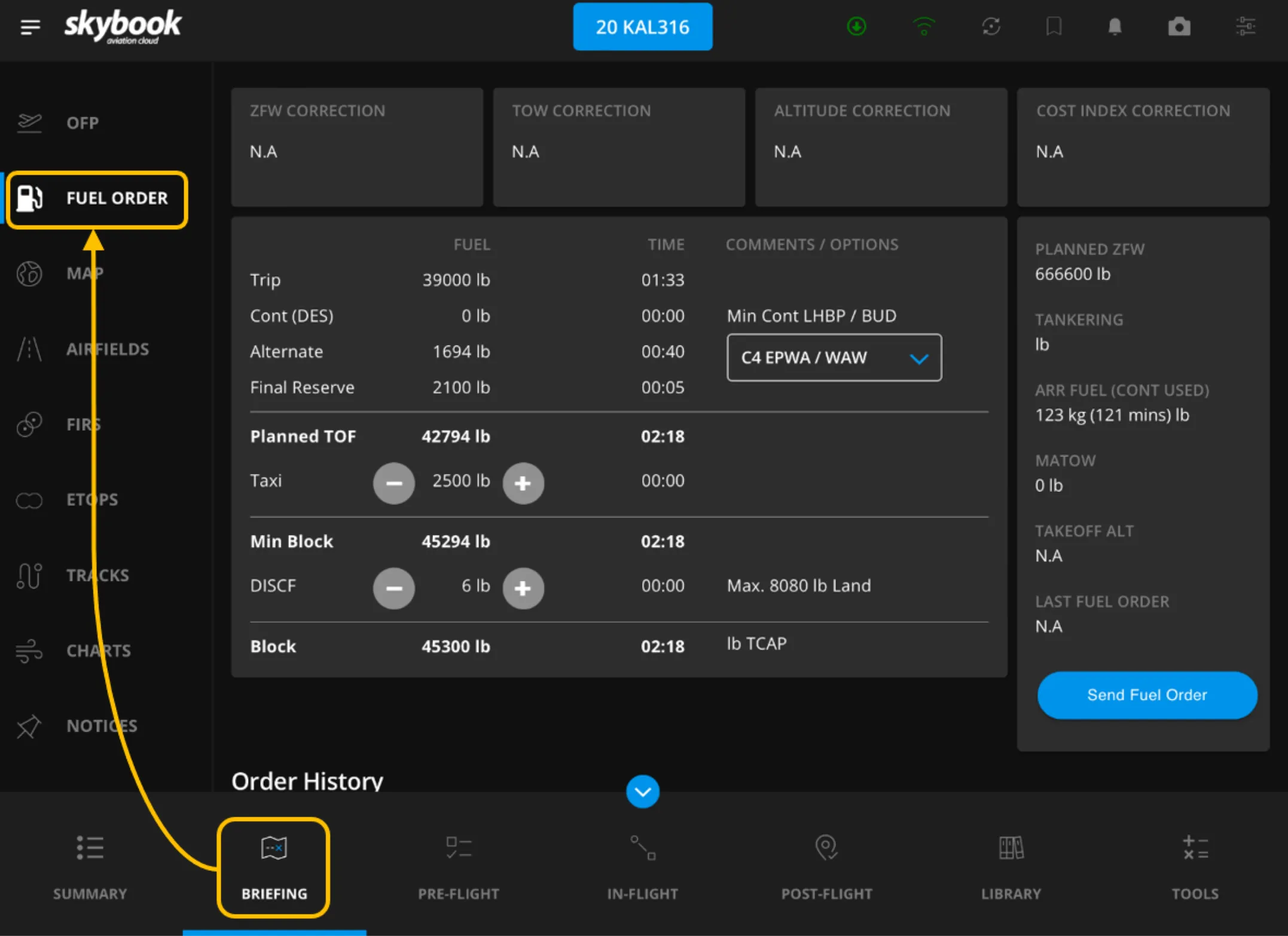 fuel order section on efb app